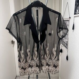 Vintage Sheer Mesh Black Blouse with Cream Floral Detail